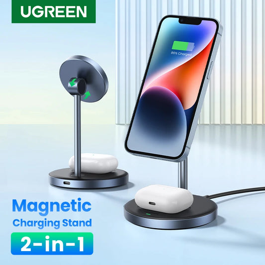 UGREEN Magnetischer kabelloser Ladeständer 20 W Max. 2-in-1-Ladeständer für iPhone 15 14 Pro Max/iPhone 13/AirPods Schnellladegerät